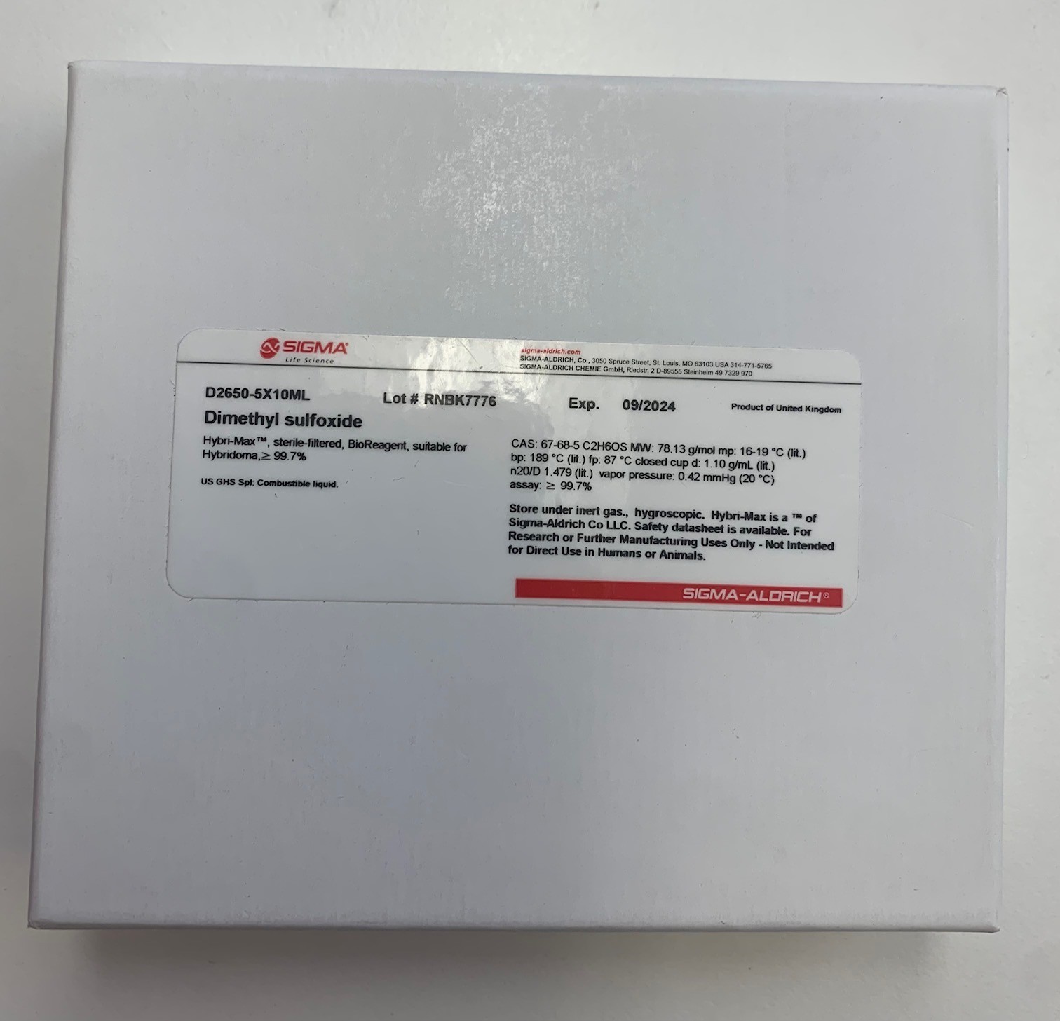 Sigma Dimethyl Sulfoxide DMSO D2650 – 5 x 10mL Bottles, 50mL Total; NEW