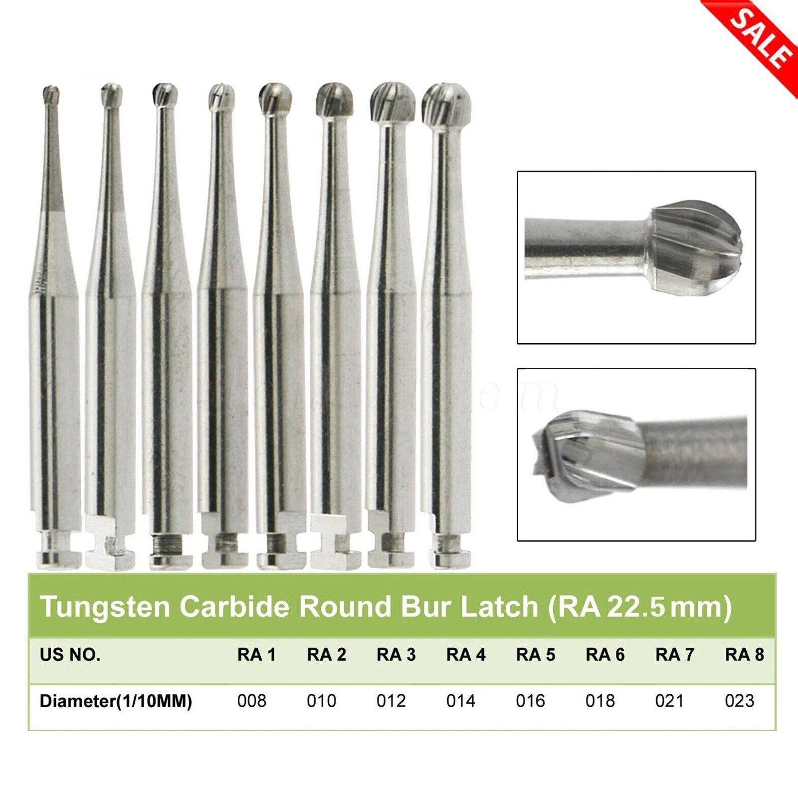 8 Types Dental Round Carbide Burs For Slow Speed Contra Angle Latch Type RA #1-8