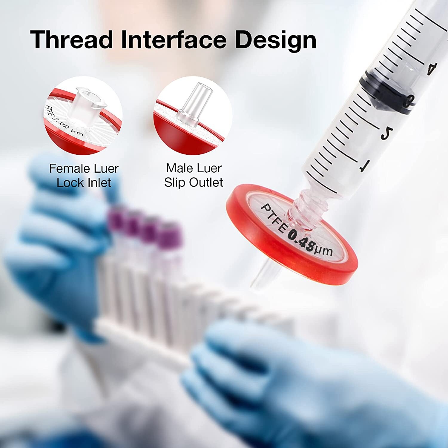 Lab PTFE Syringe Filter 0.45μm 25mm Non Sterile Hydrophobic Filtration (100PCS)