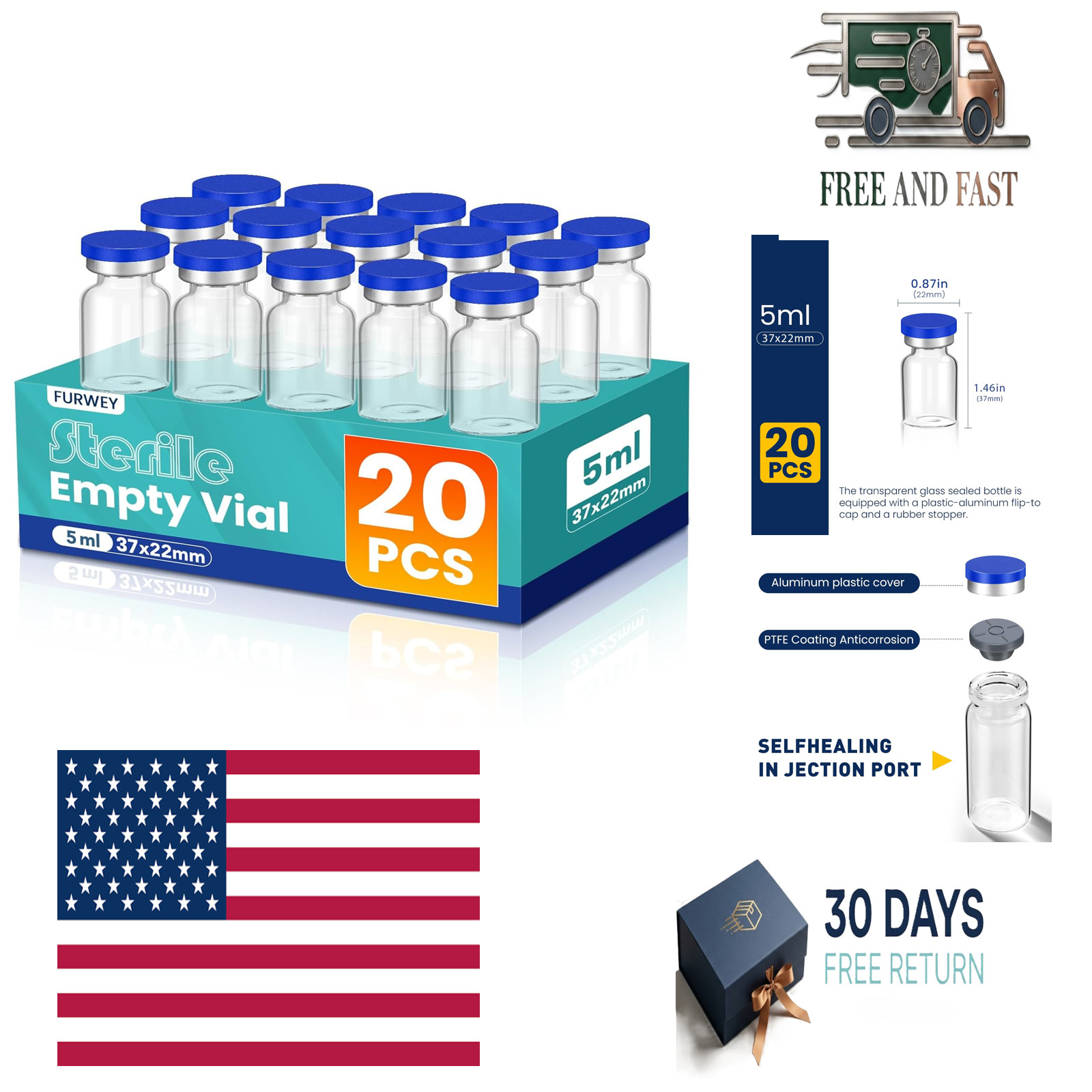 5ML Sterile Vials, Glass Empty Vials for Injection, 20 Pack | Sterile Vials with