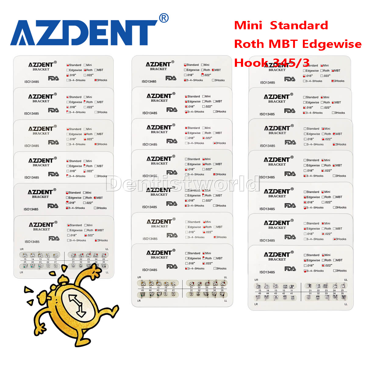 10X AZ Dental Ortho Metal Brackets Braces Mini/Standard Roth/MBT .022 Hooks 345