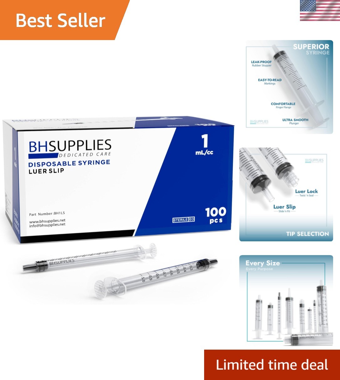 1mL Luer Slip Tip Syringes No Needle – Sterile, Individually Wrapped – 100 Sy…