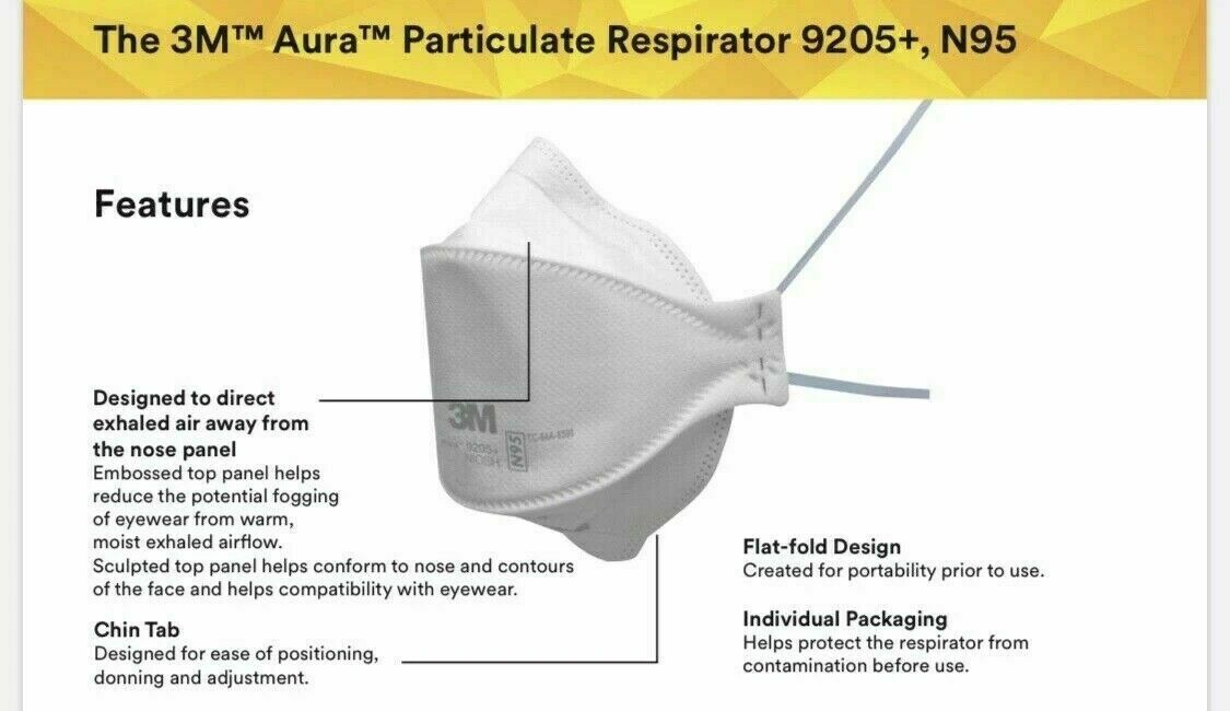 3M Aura 9205+ N95 Mask NIOSH Approved Particulate Respirator CASE OF 440