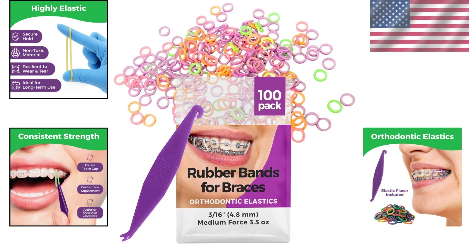 Comfortable Fit 3/16 Inch Neon Rubber Bands for Braces & Hair – Includes Placer