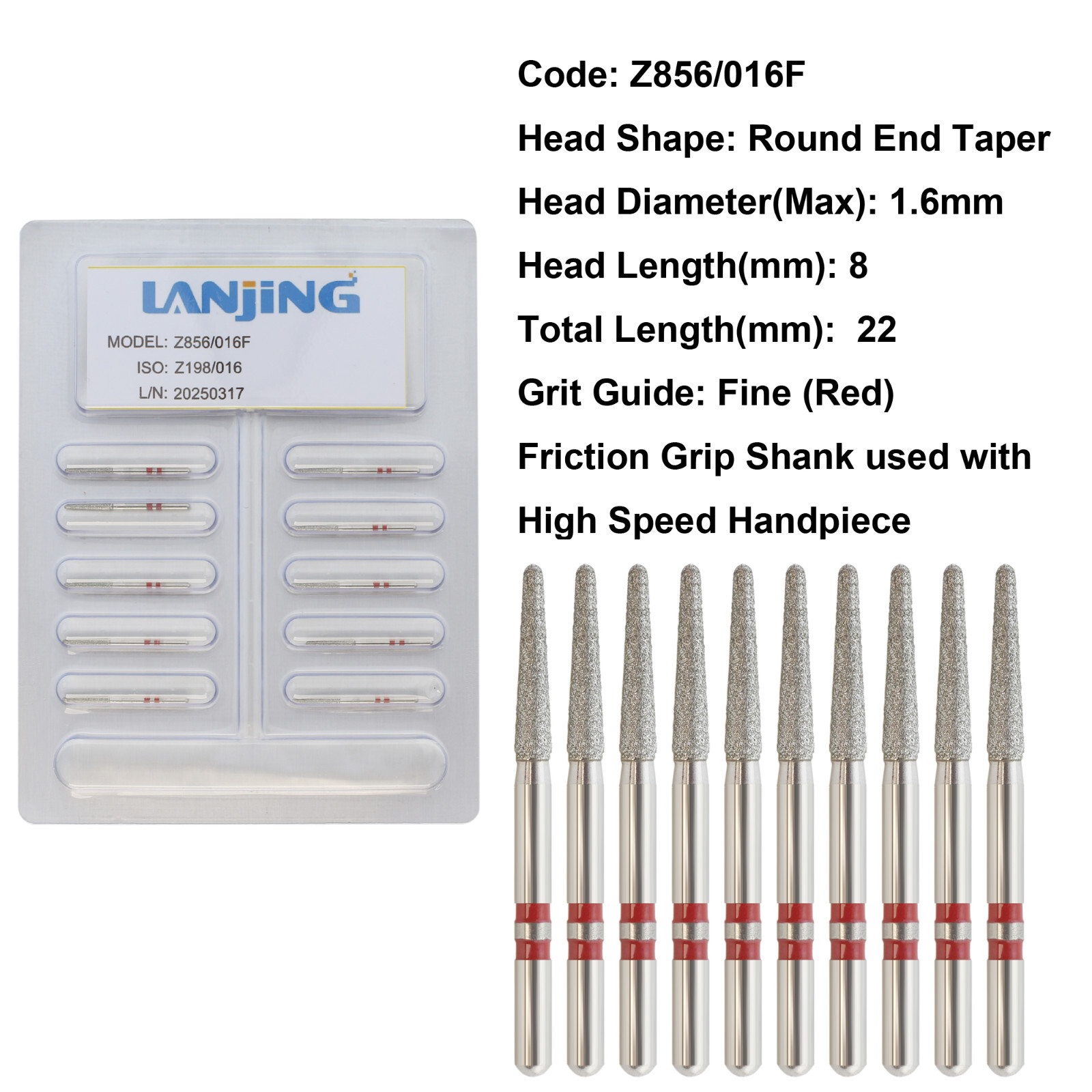 Dental Diamond Burs Round End Taper Zirconia Adjustment FrictionGrip Fine Medium
