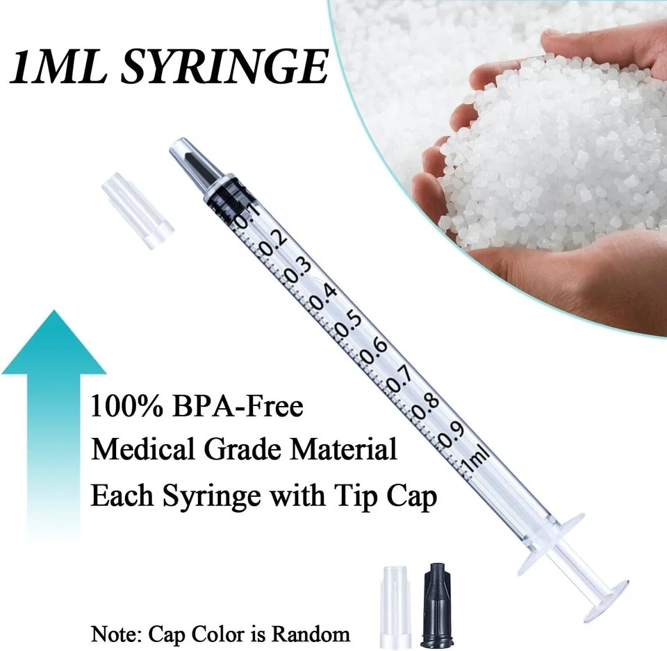 1ml Syringes with Cap, Luer Slip Tip, Whole Pack Bulk Sterile Sealed, No Needle