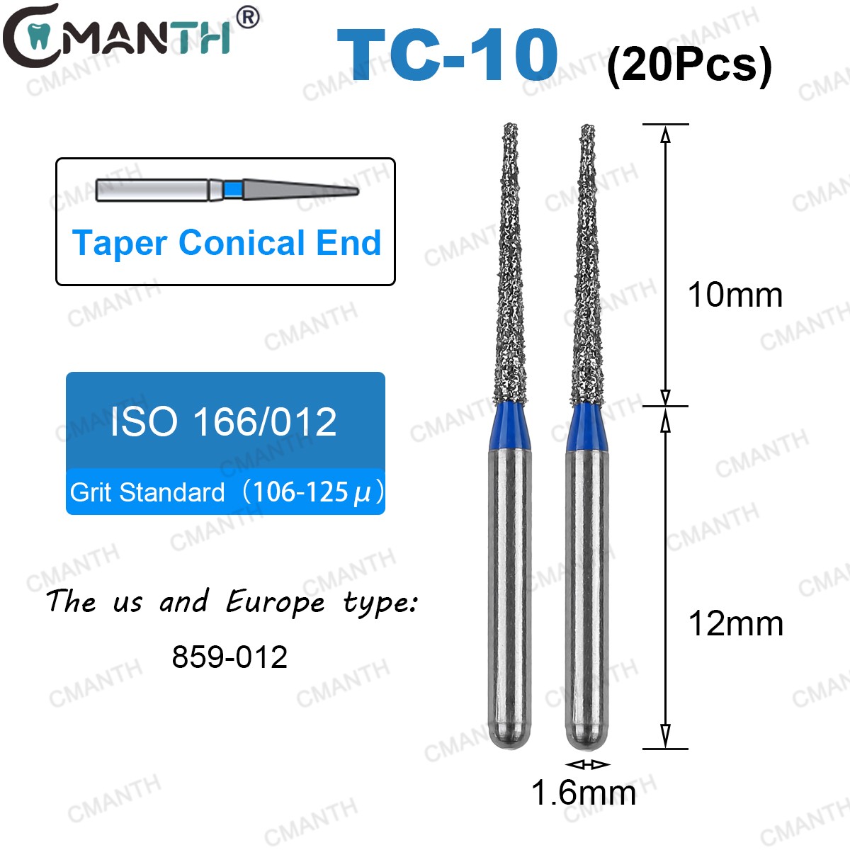 20PCS Dental Diamond Burs FG High Speed Bur TC Taper Conical Extra Fine Grit 859
