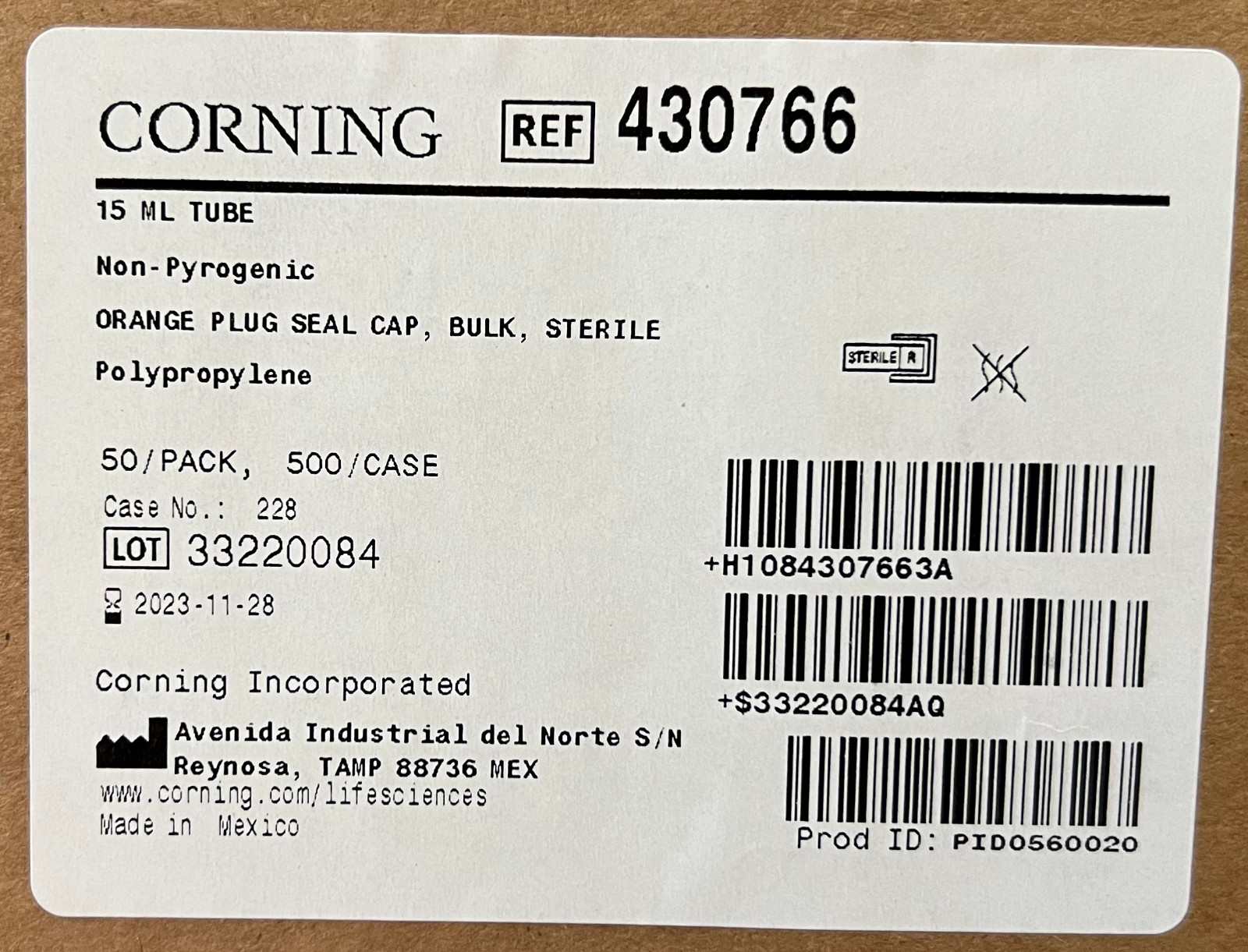 Corning 15mL Centrifuge Tube RNase/DNase-Free, 500 /CS, REF 430766, Sterile R