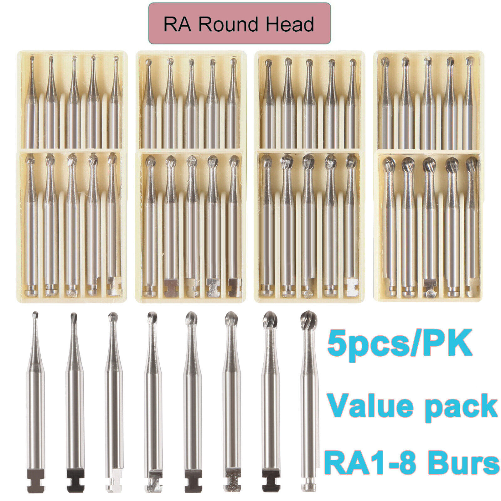 5-200pcs Dental Round Tungsten Carbide Bur Latch RA#1-8 for Slow Speed Handpiece