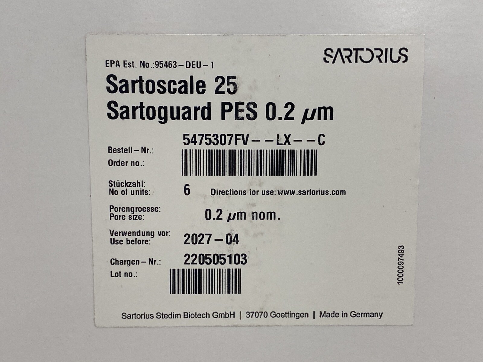 (6/Pk) SARTORIUS SartoScale 25 Sartoguard Filters 0.2um PES 5475307FV-LX-C