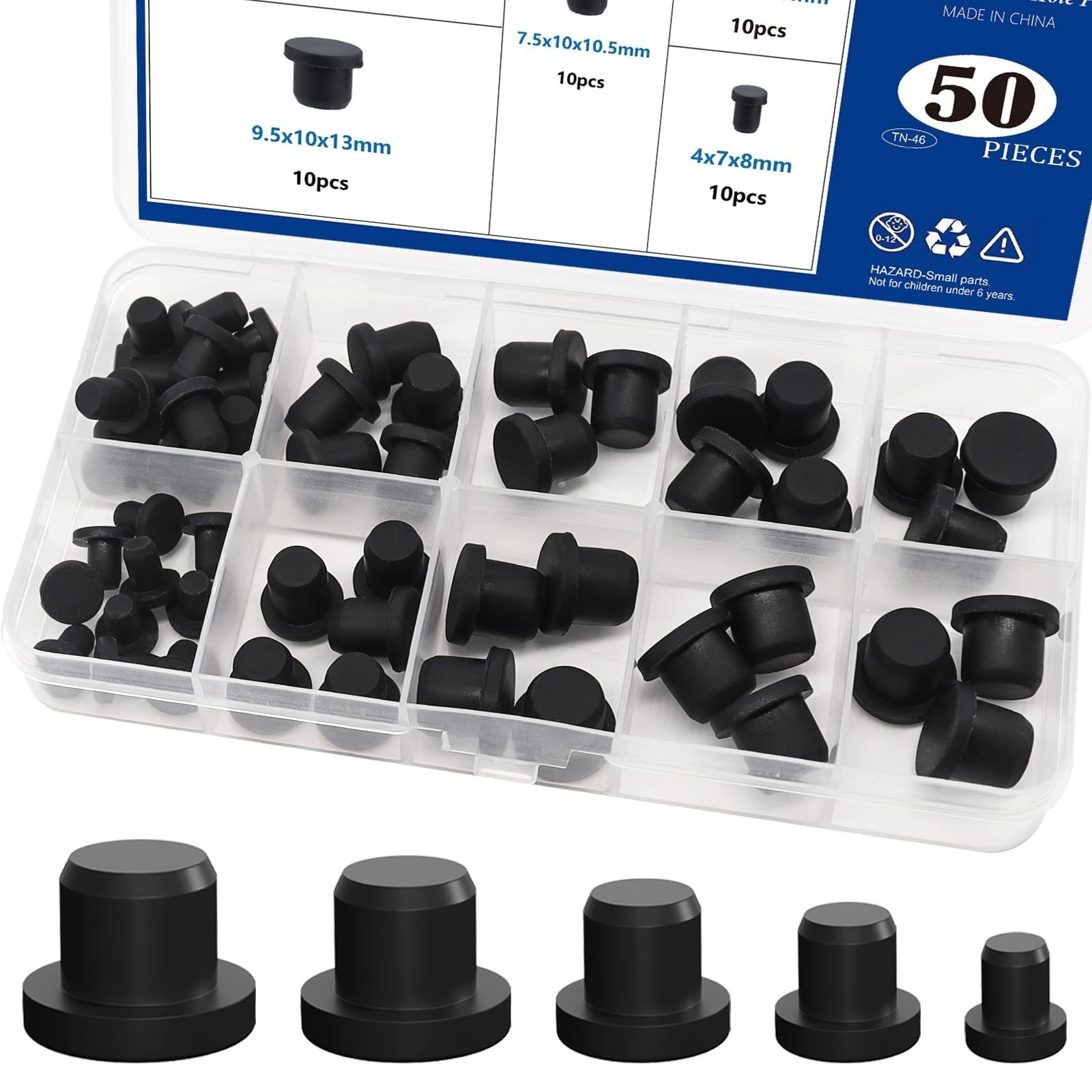 25Pcs Black Rubber Stoppers Assorted Sizes for Lab Use