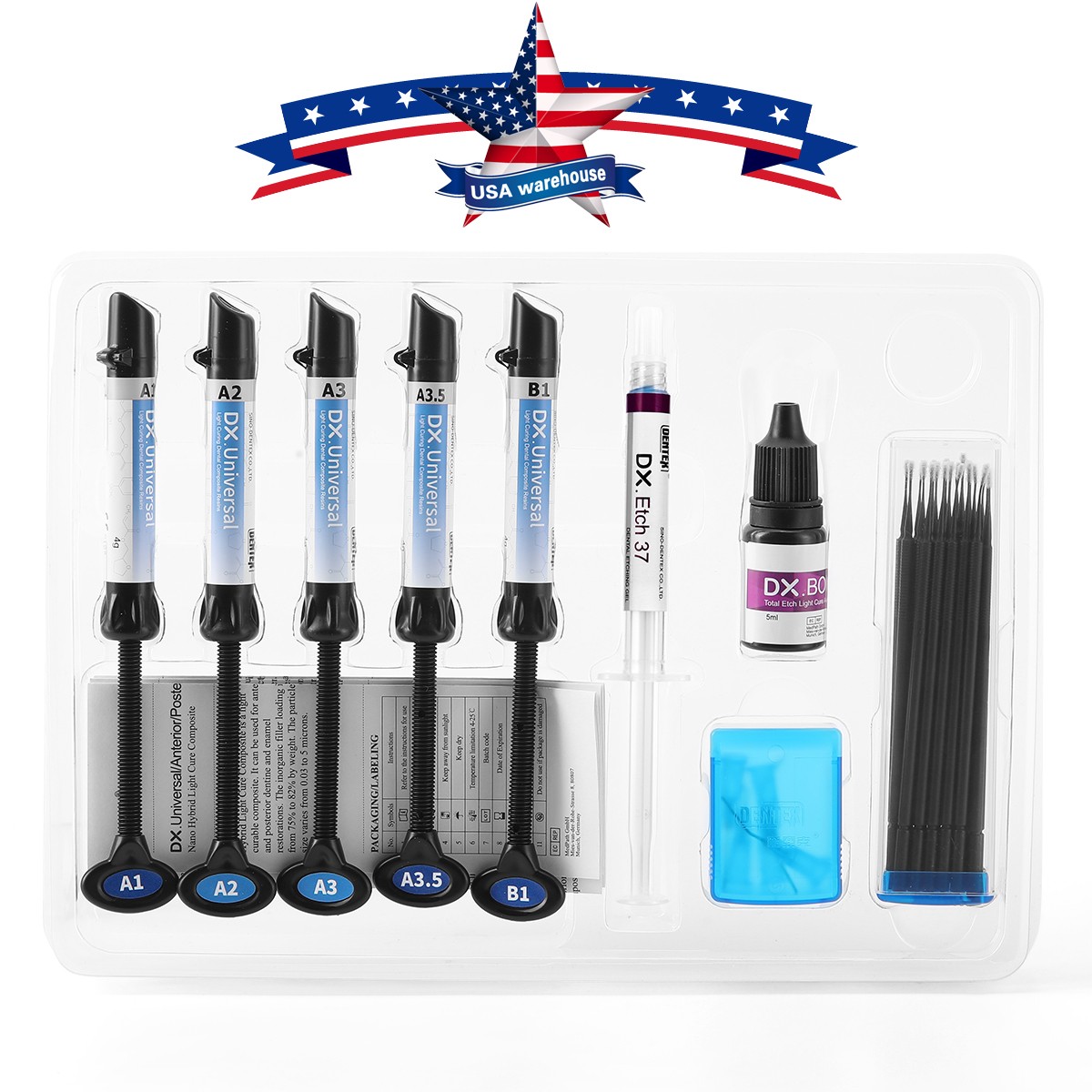 Dental Light Cure Composite Kit 5 Colors A1-A3.5 with Etchant & Bonding Agent