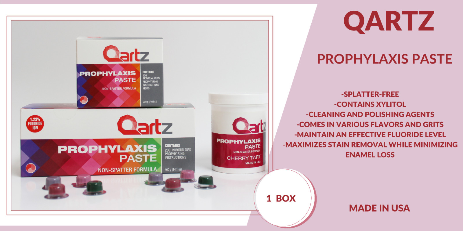 Prophy Paste Cups RASPBERRY COARSE Qartz 200/Box DENTAL NON SPLATTER W/FLOURIDE