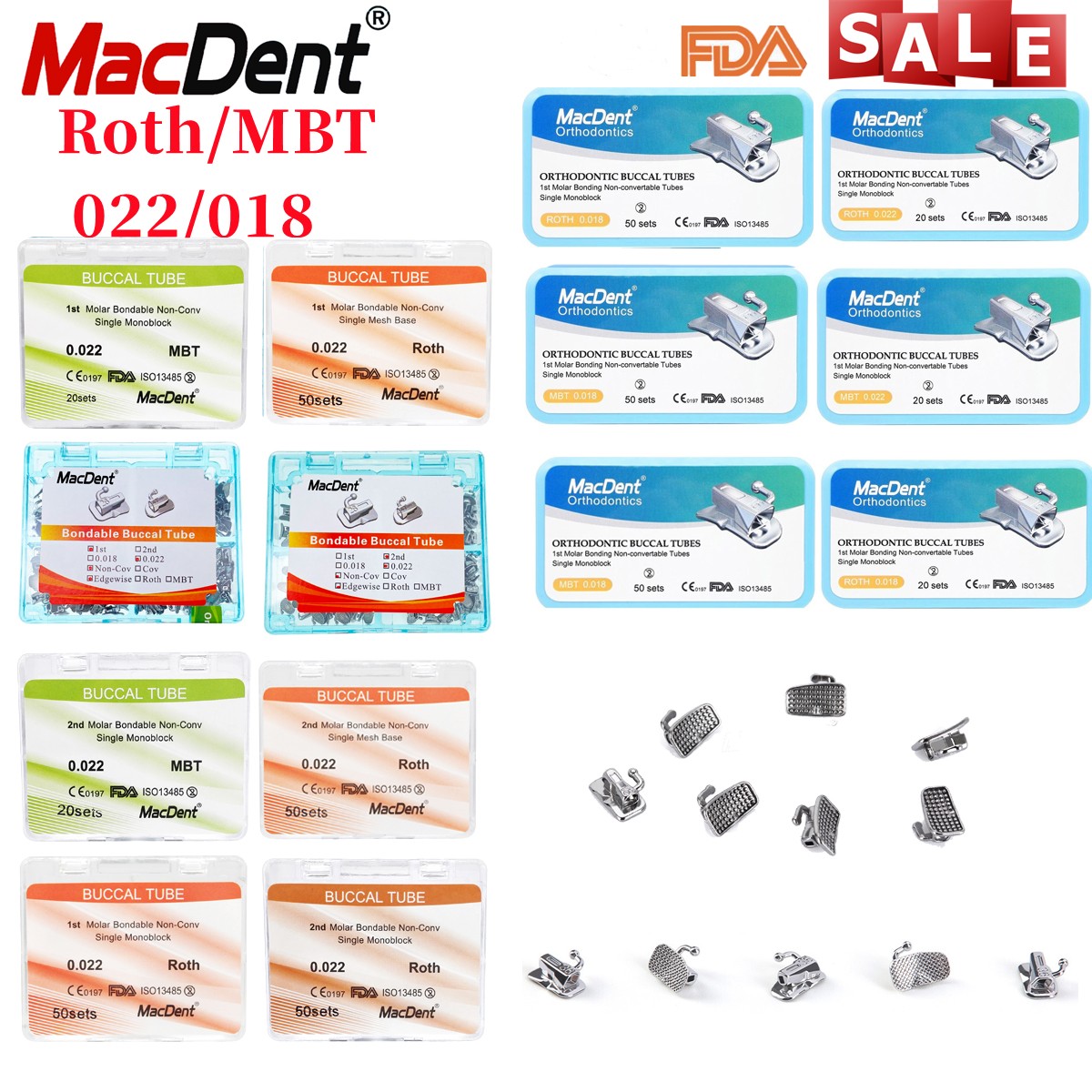 Dental Orthodontic Buccal Tubes 1st 2nd Molar Roth/MBT 022 018 Bondable Non-Conv