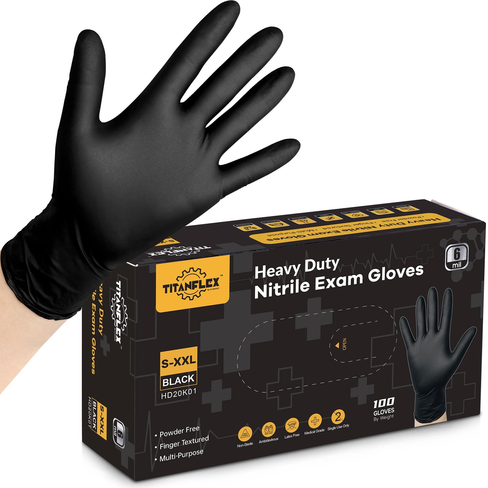 TitanFlex Disposable Nitrile Exam Gloves, XX-Large, 05 Black (Xxl, 100ct)
