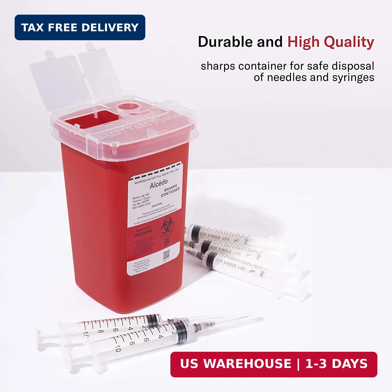Alcedo Sharps Container for Home Use 1 Quart (1-Pack) | Biohazard Needle and Syr
