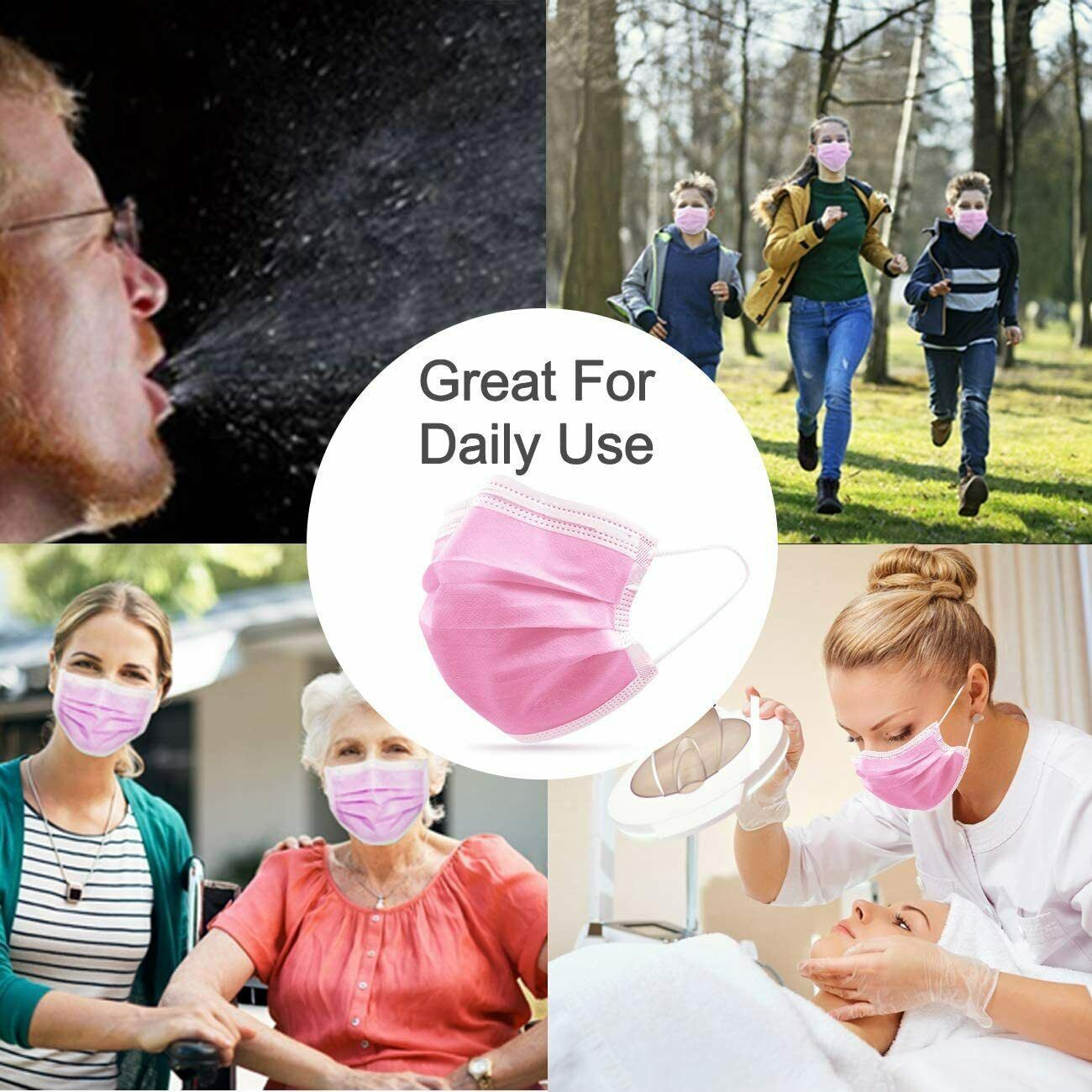 100 Pcs Disposable Medical,Surgical,Dental 3-Layers Face Mask Mouth Cover Pink