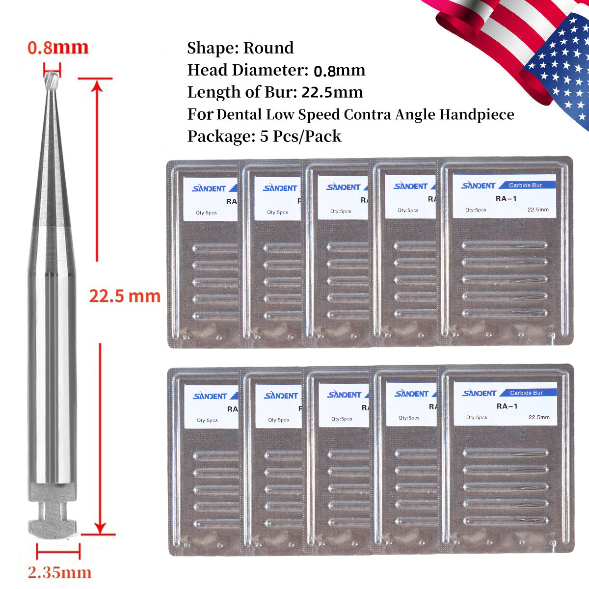 5-100PCS Dental RA #1 Round Carbide Bur for Slow Speed Latch Type #1 RA Burs