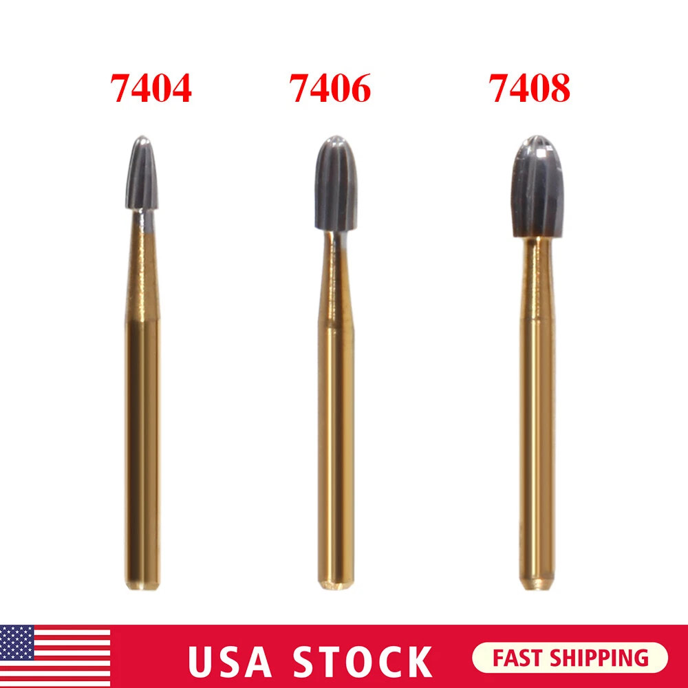 10PCS Gold Burs Trimming & Finishing Tungsten Carbide FG 7404/7406/7408 Dental