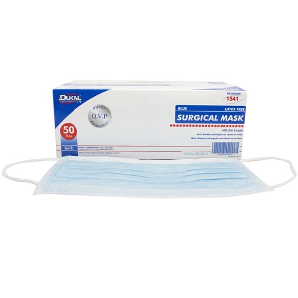 Dukal 1541 Surgical Earloop Face Masks ASTM Level 1 Blue 50/Bx