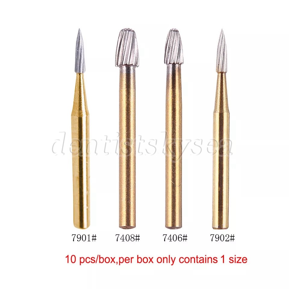 10PCS Gold Burs Trimming & Finishing Tungsten Carbide FG 7404/7406/7408 Dental