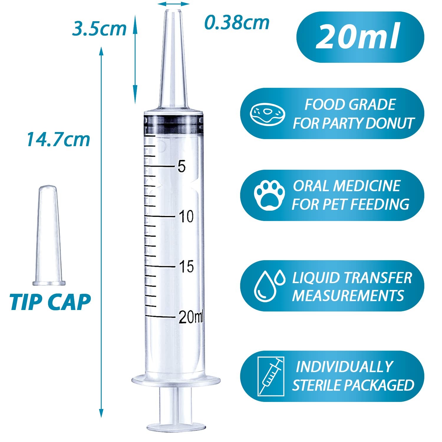 20ml Syringe for Liquid, Oral, Scientific Labs, Measurement, 20 ml, 3 pack