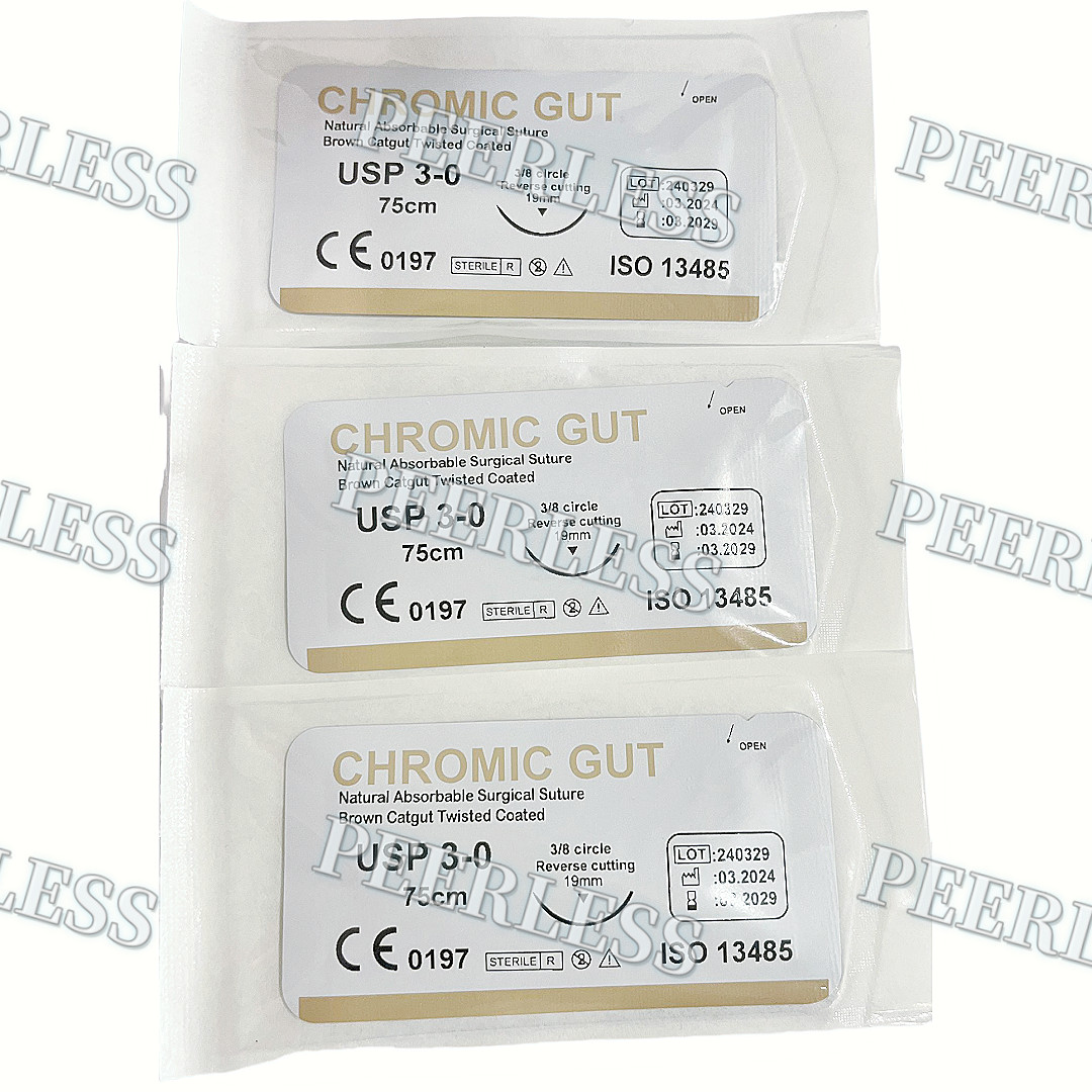 Absorbable Dental Surgical Suture CHROMIC GUT 3-0 Brown 75cm 3/8 Reverse Cutting