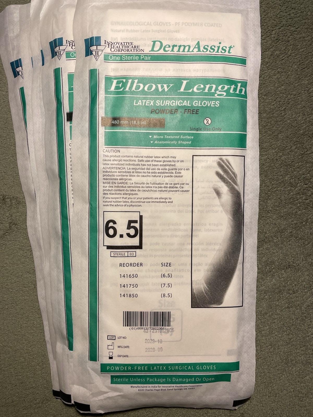 DermAssist Elbow Length Latex Surgical Gloves, 5 Pairs, Size 6.5
