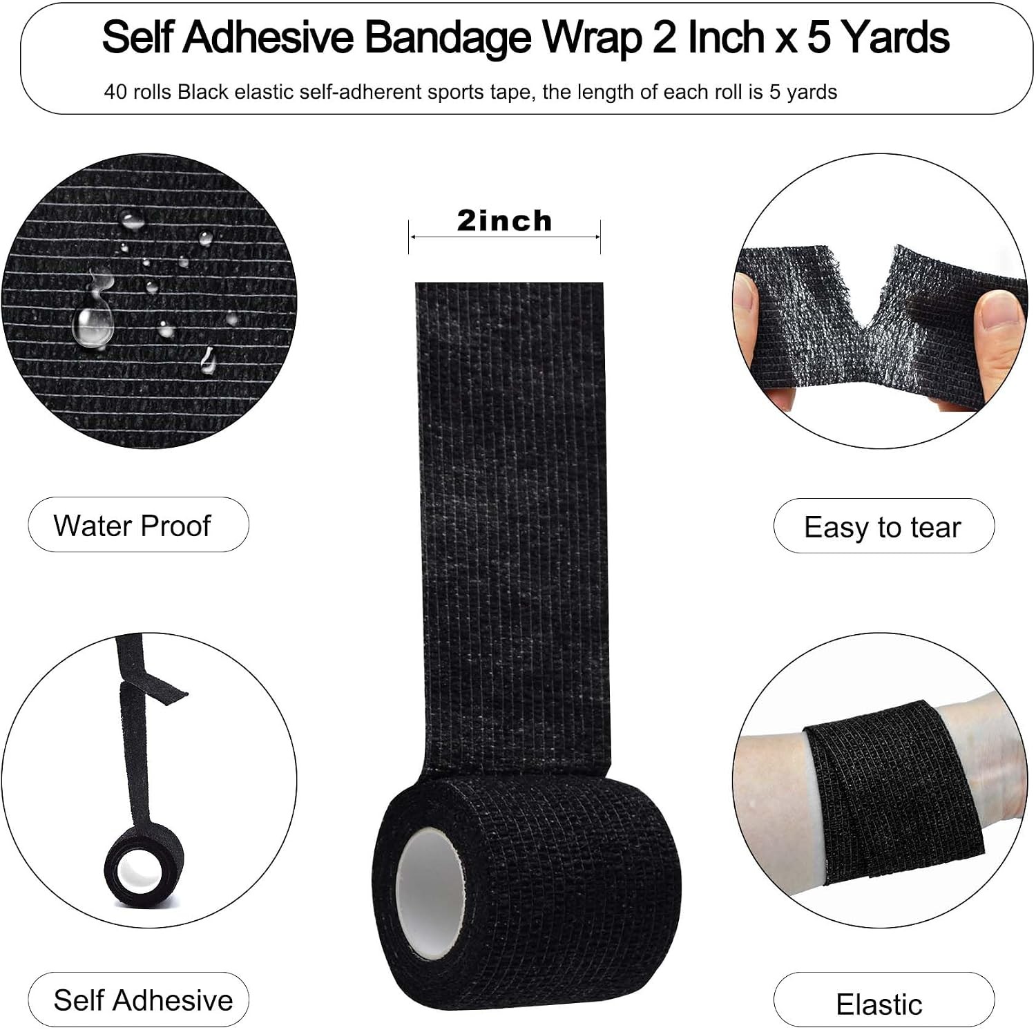 40 Rolls 2″x5yd Self-Adhesive Bandage Wrap, Black Elastic Athletic Tape