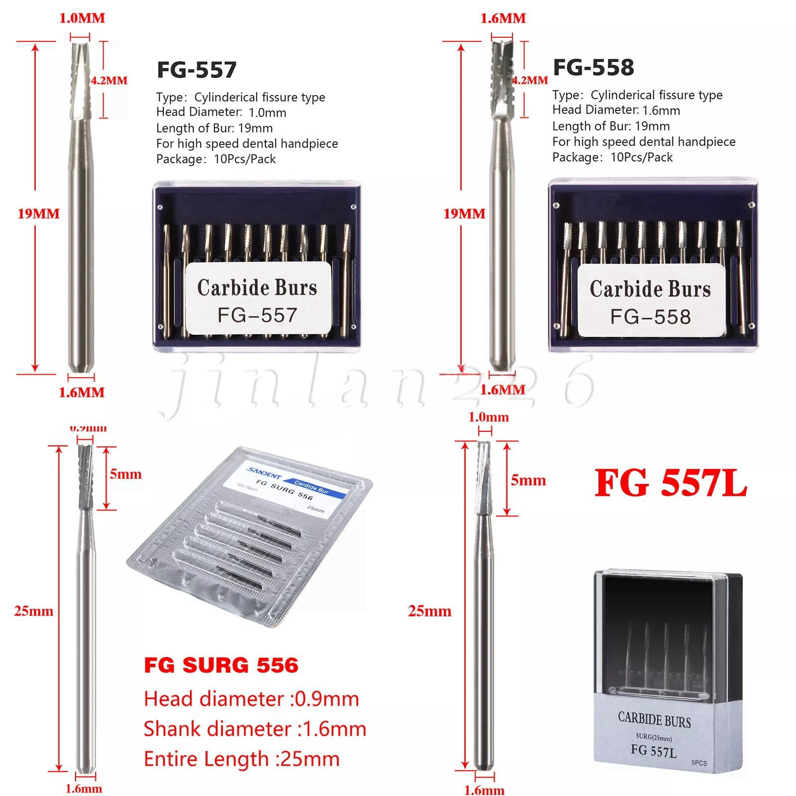 Dental Tungsten Carbide Bur Straight Fissure Cross Cut FG 556 557 558