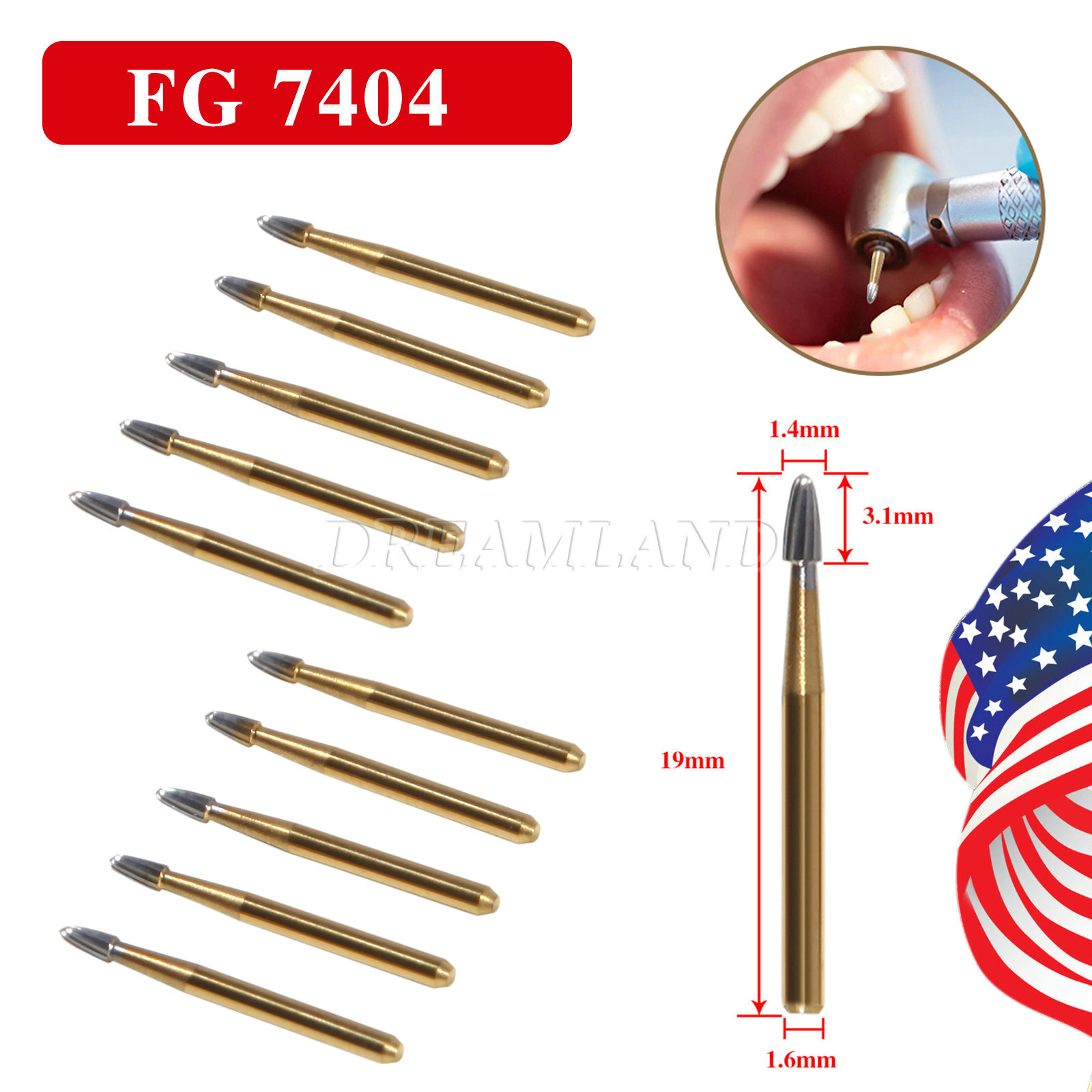 10 Pcs FG 7404 Dental Trimming & Finishing Carbide Burs For High Speed Handpiece