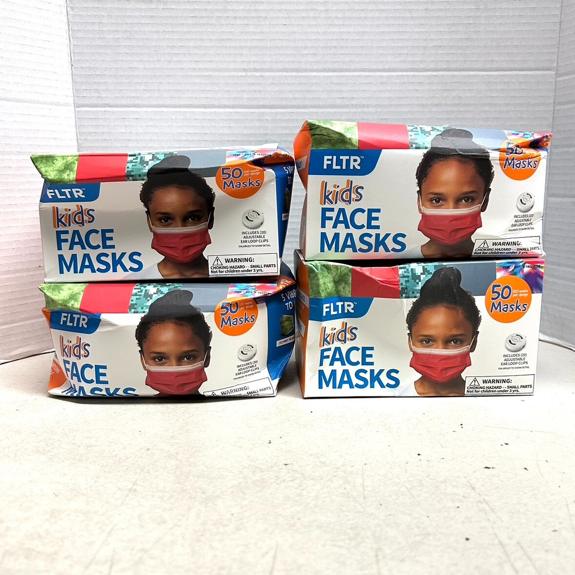 FLTR Kids Face Masks 50 Masks 20 Adjustable Ear Loops – NEW / Damaged Boxes