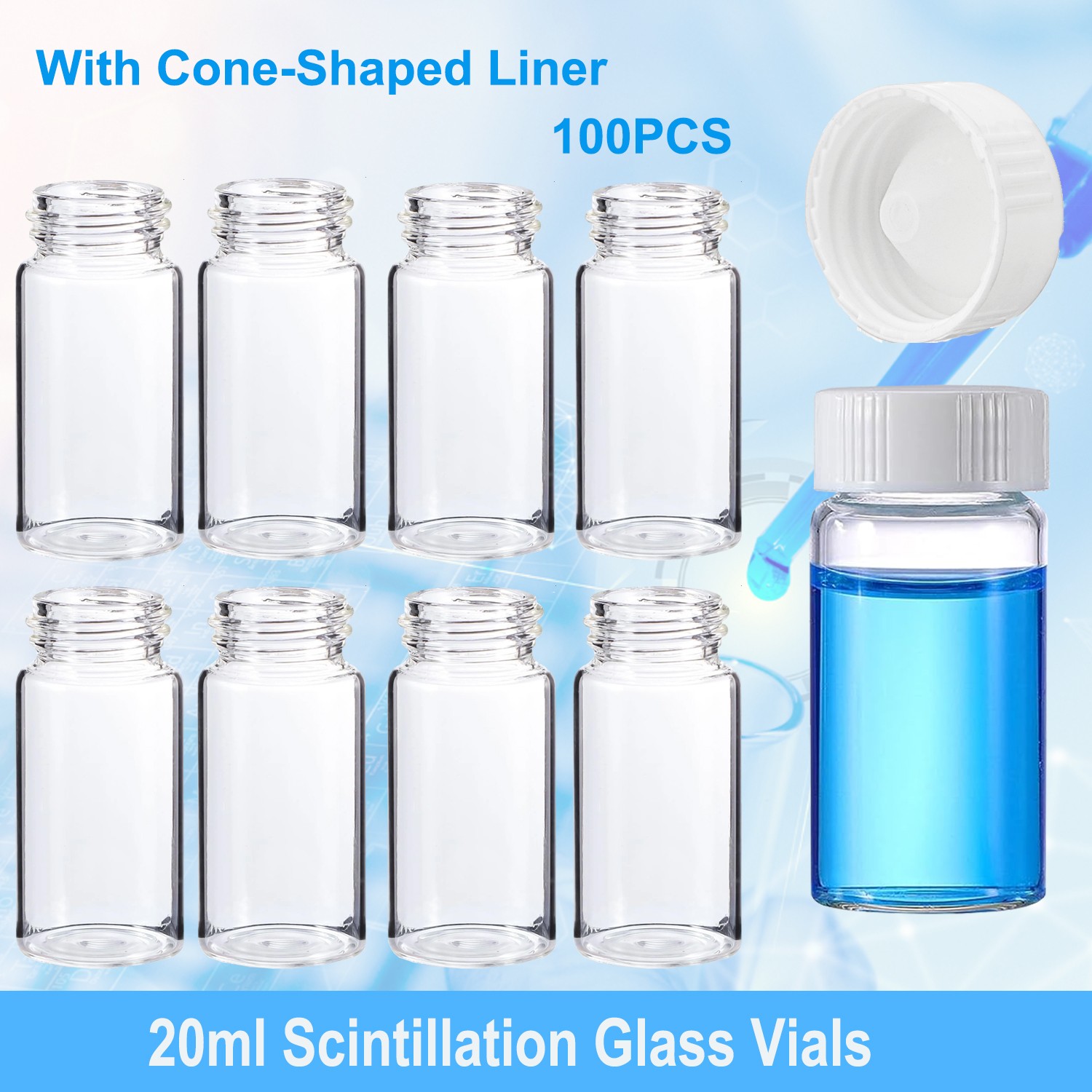 1000x 20mL Glass Vials Scintillation Vial Liquid Sample Vials Cone Shaped Liner