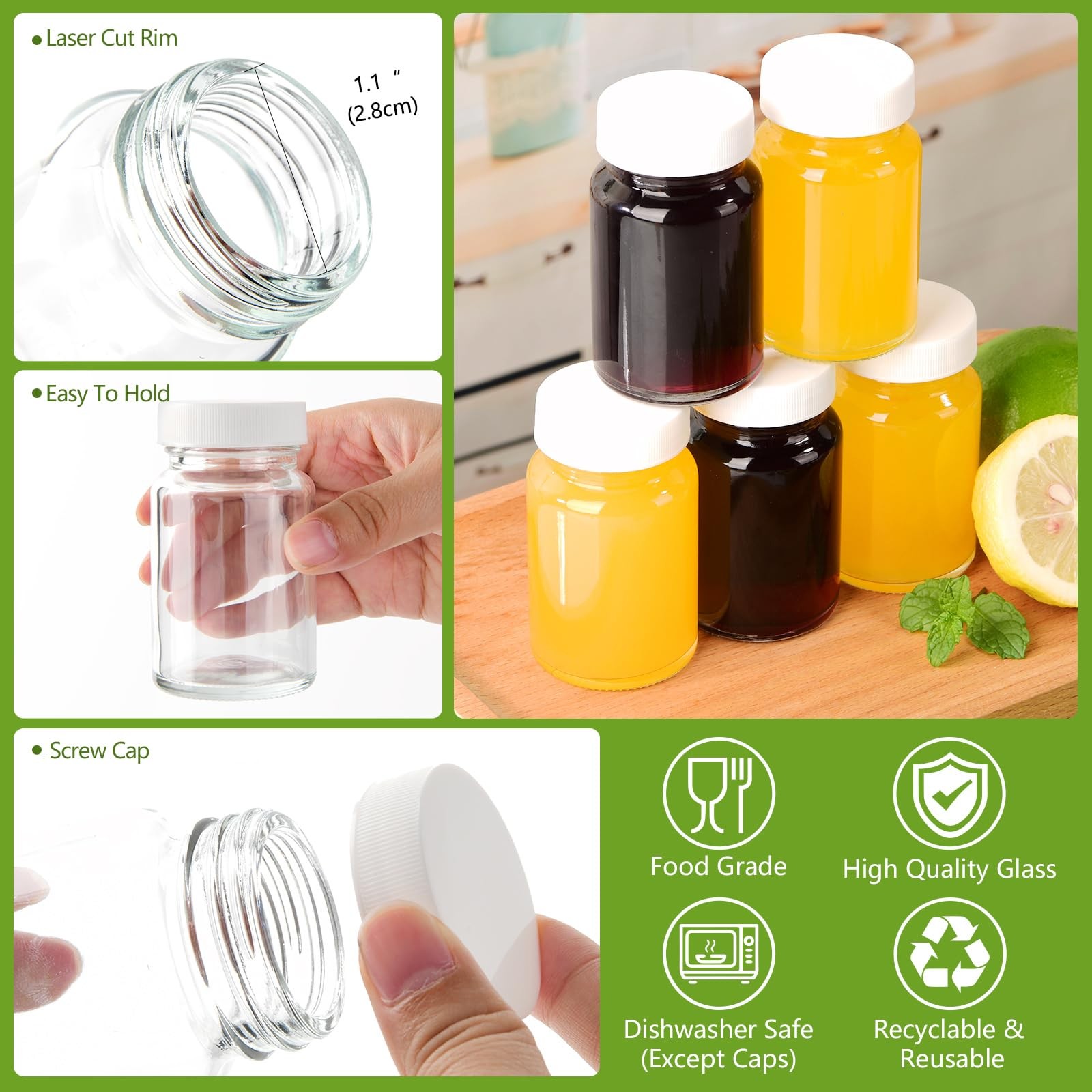 24 Pack 2 oz Reusable Small Glass Bottles with Lids, Wellness 2oz_24pack