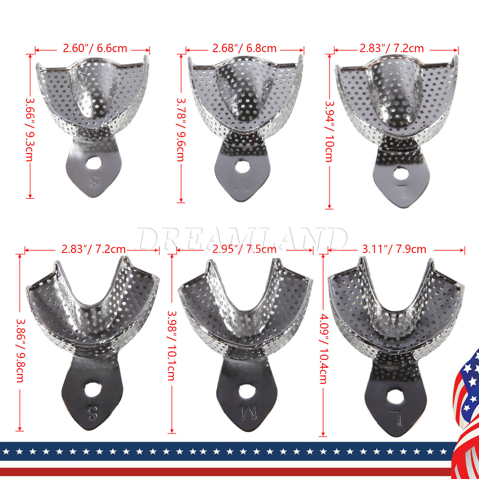 Dental Impression Trays Stainless Steel Perforated 6PC Upper+Lower S/M/L SKYSEA