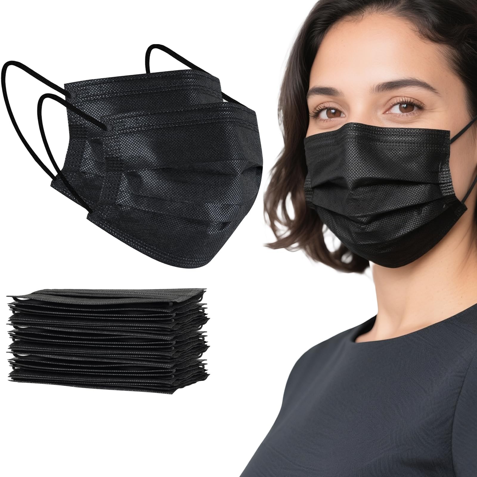 100Pcs Disposable Face Masks, Black Face Mask, 3 Ply Disposable Mask