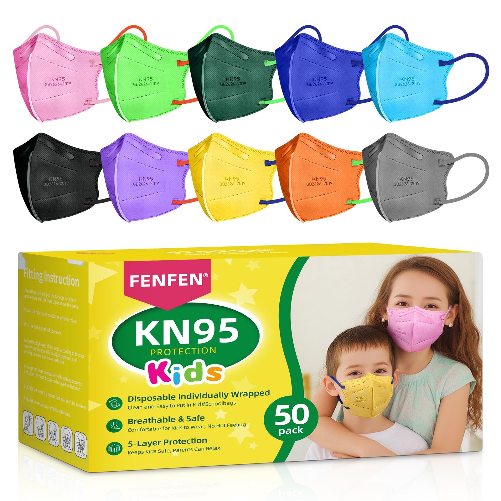 Kids KN95 Face Mask Disposable – 50 Pack KN95 Kid Masks Children Small Size K…