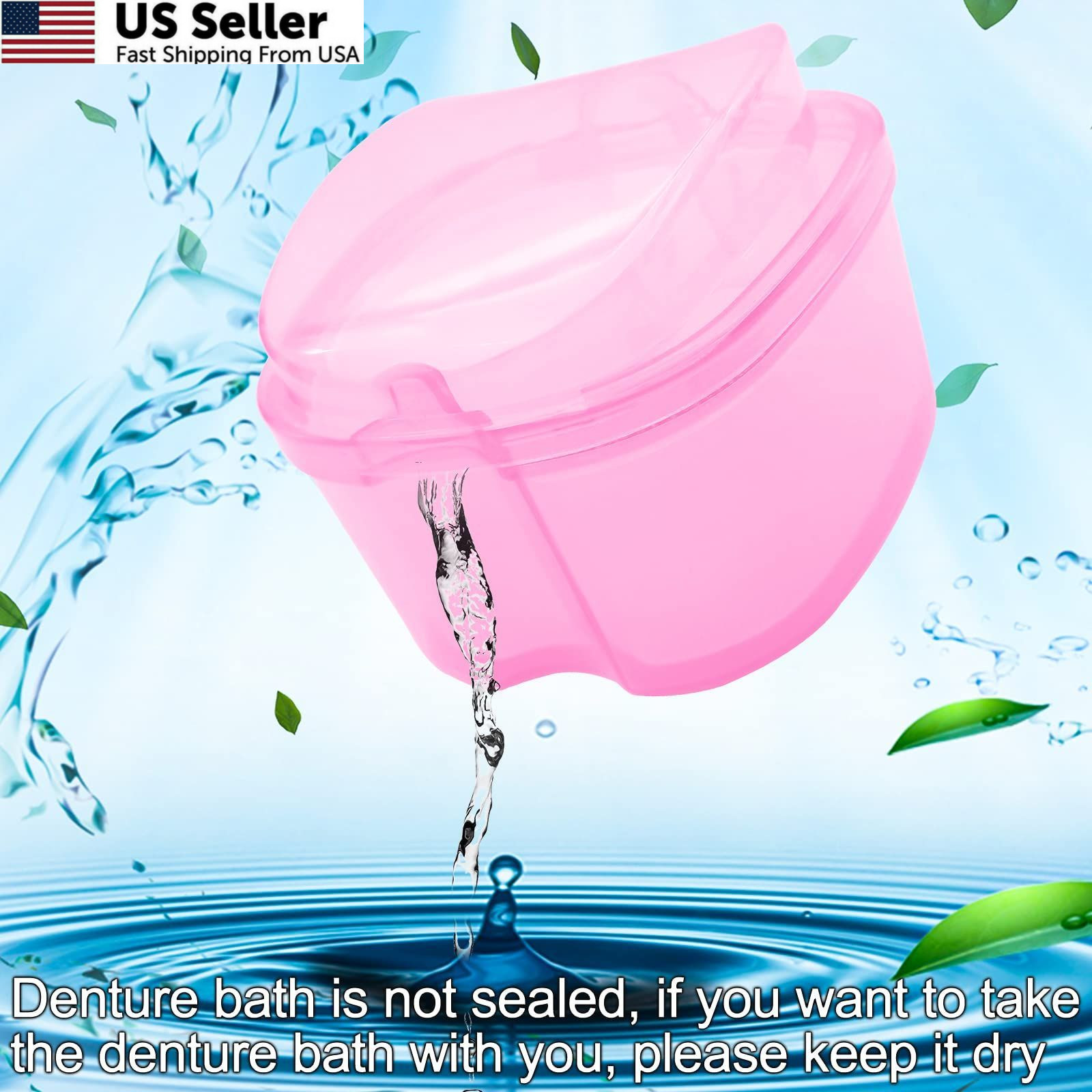 Denture Bath Case Soaking Cup with Brush, Holder Light Pink