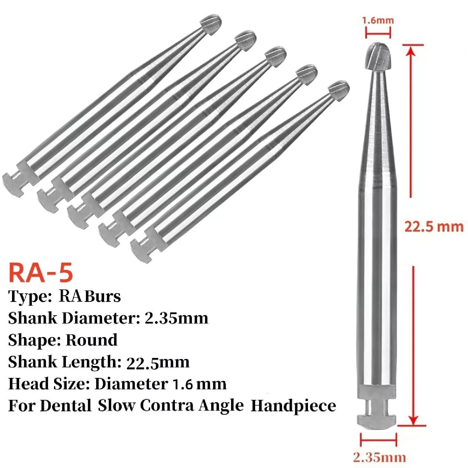 25 Pcs/5 Pack Dental 22.5mm Round Carbide Bur Slow Speed Latch Type RA5 Burs USA
