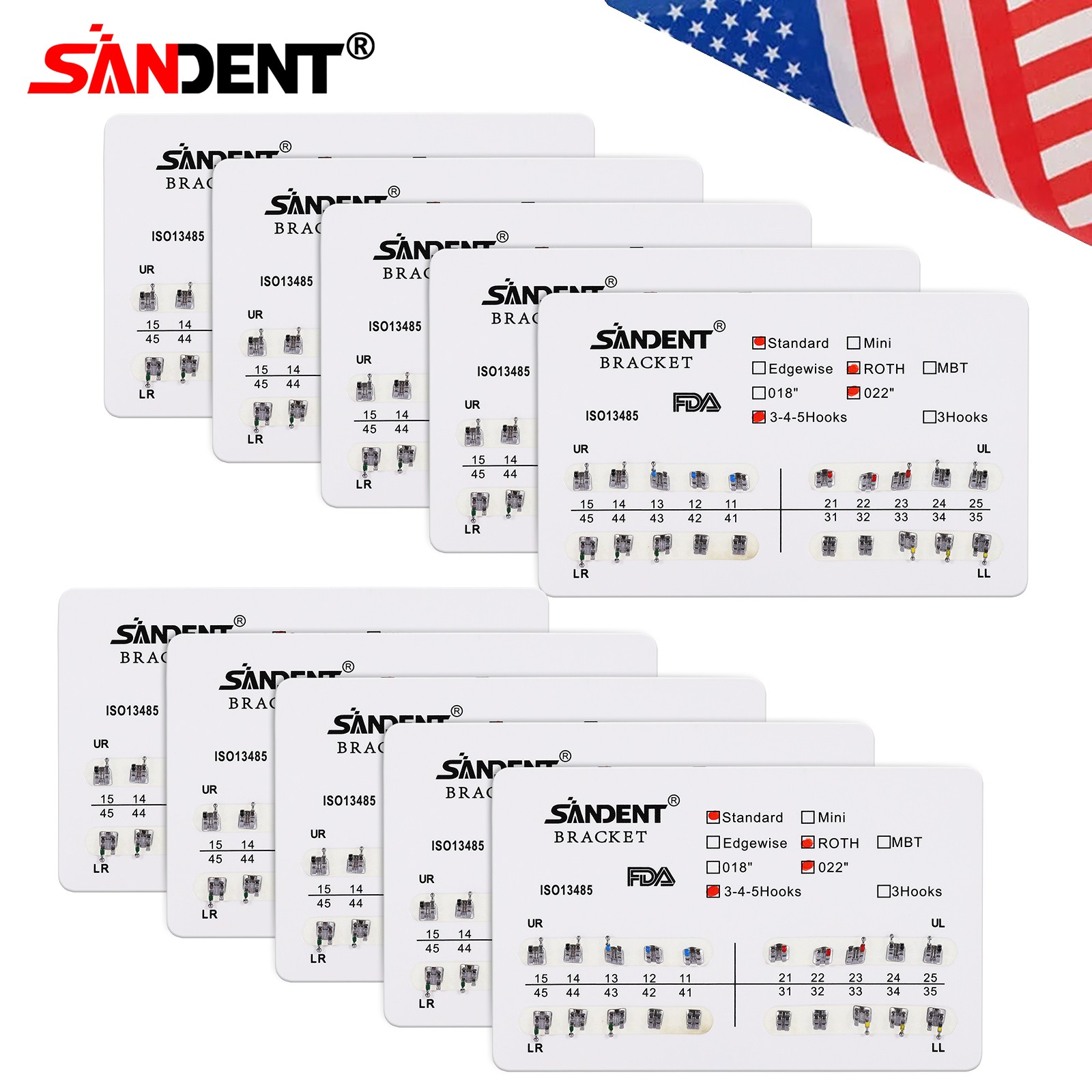 10-100 packs Dental Orthodontic Bracket Braces Standard Roth 022Slot 345 hooks