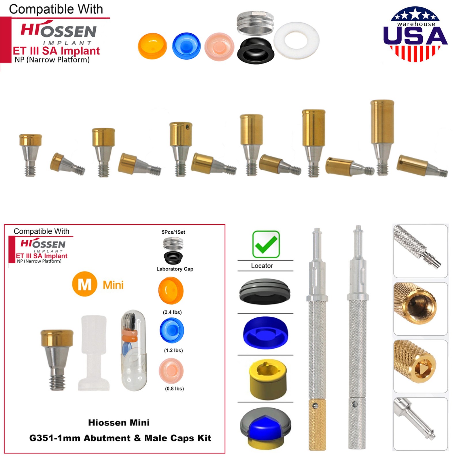 US ZEST LOCATOR Overdenture Caps Abutment Ti Hiossen ET Osstem TS Mini/Regular