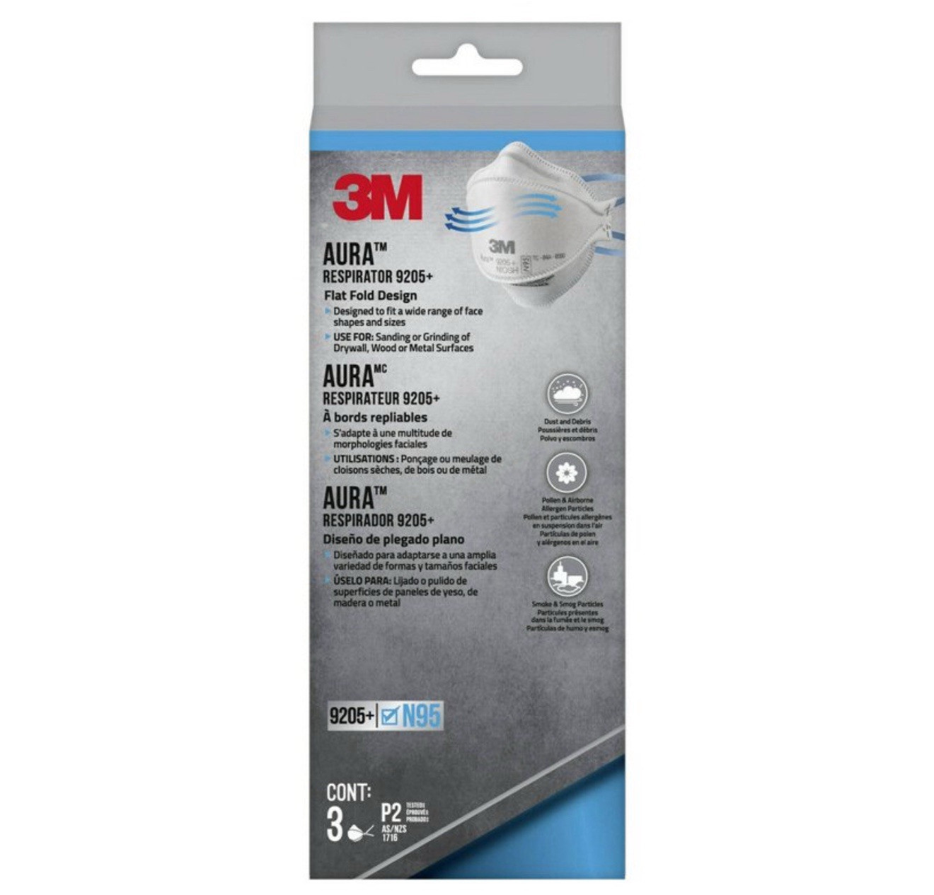 (3 Pack) 3M Aura 9205+ N95 NIOSH Particulate Respirator & Surgical Face Masks