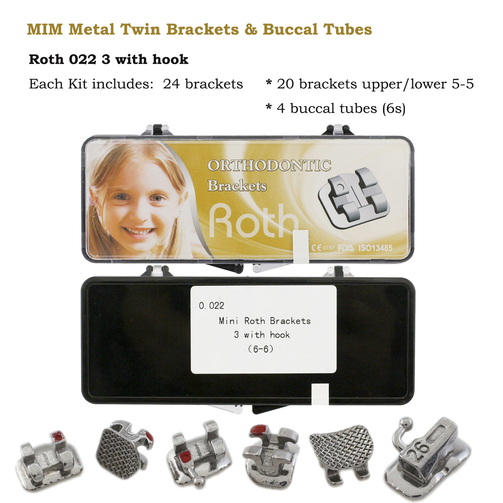 Dental Mini Brackets Orthodontic Braces Metal Roth MBT 022 3 / 345 Hooks 6-6 MIM