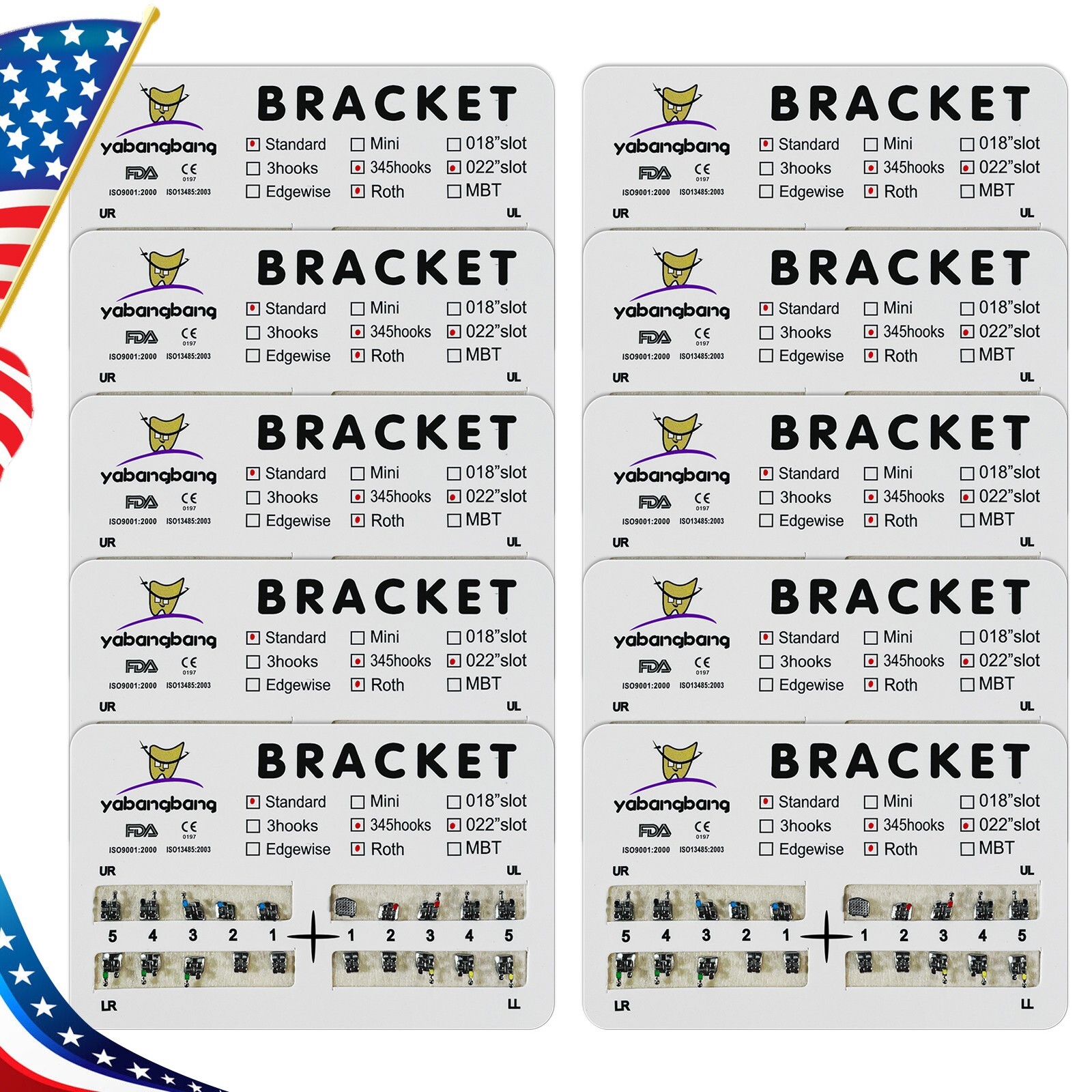 10 Packs/200 pcs Ortho Metal Standard ROTH 022 Slot 3 4 5 Hooks Brackets Braces