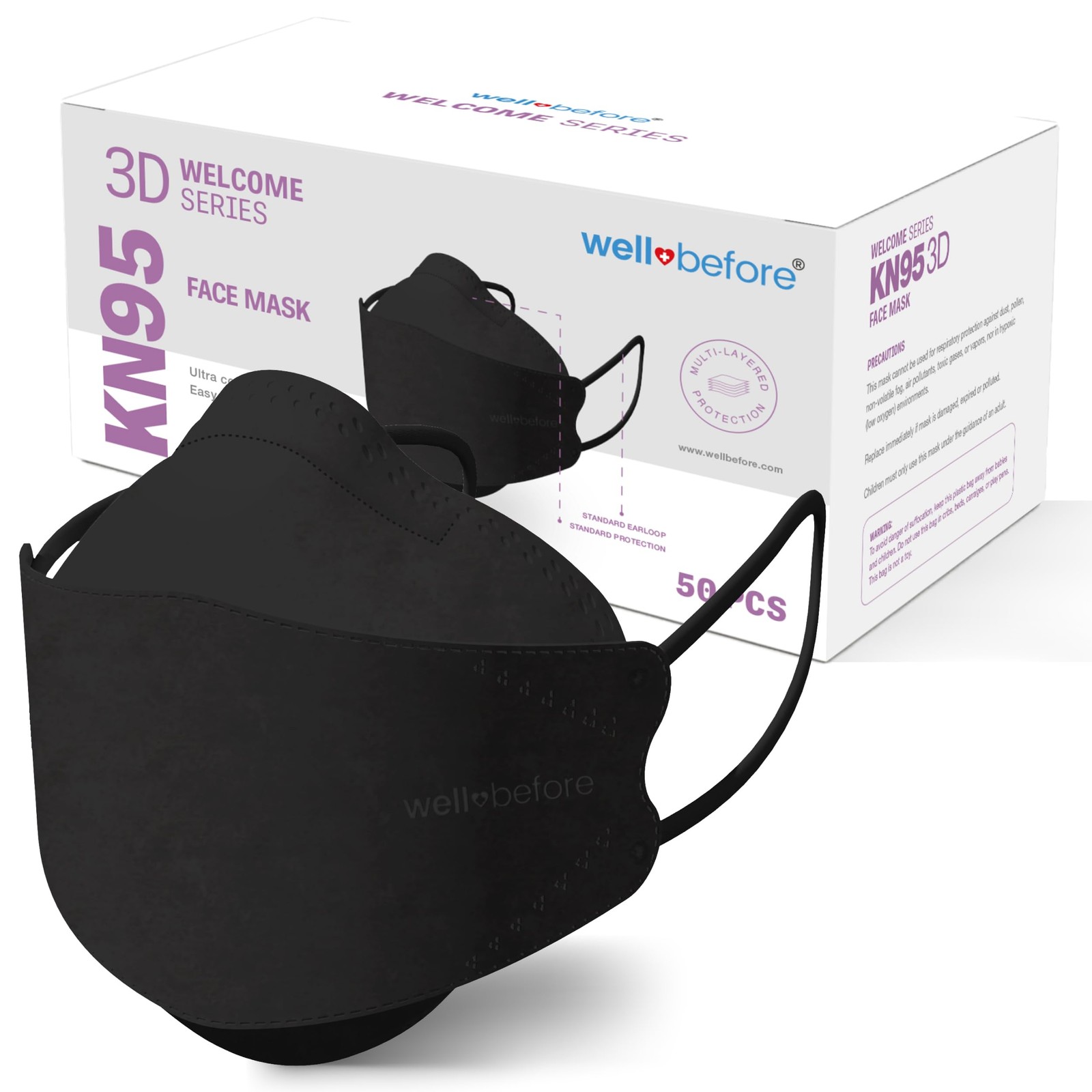 Welcome Series KN95 3D Face Mask, Black, Medium, Pack of 50