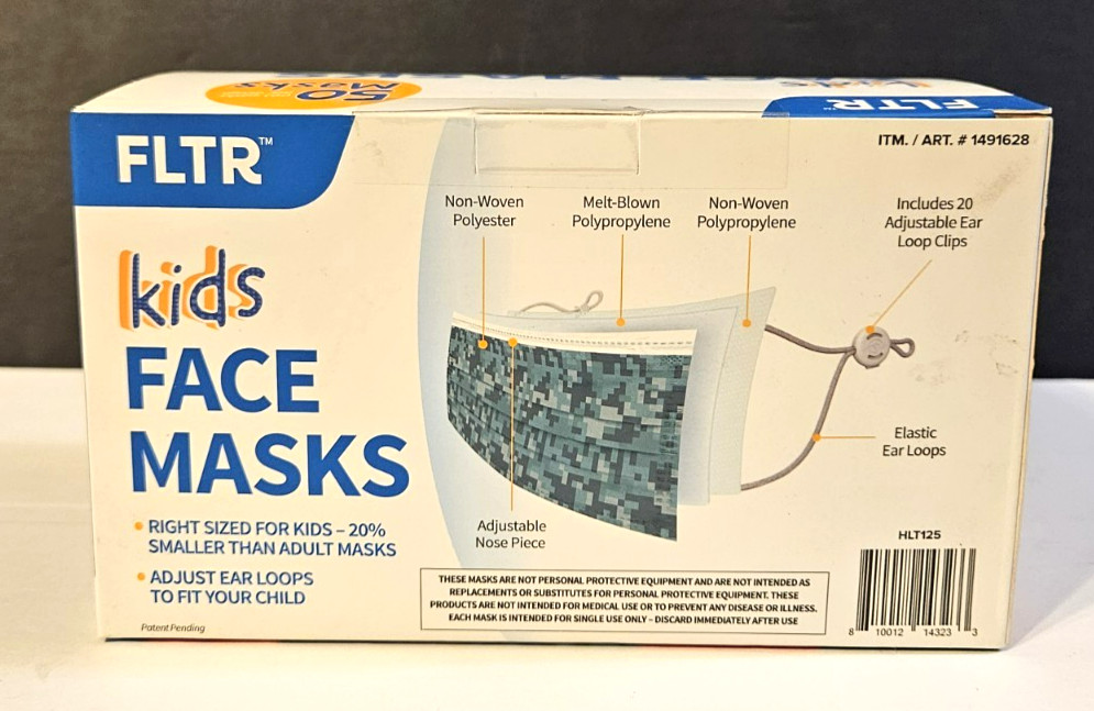 New Box of 50 Kids Face Masks w/20 Adjustable Ear Loop Clips by FLTR