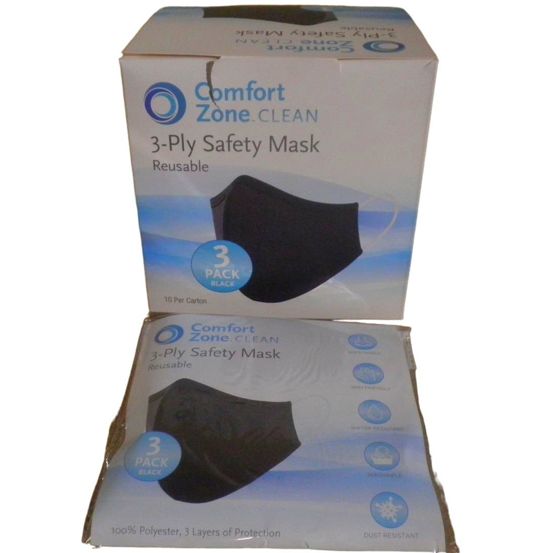 30-PK Reusable Fabric Mask, 10-PKS of 3, 3-Layer, Black, Washable 100% Polyester