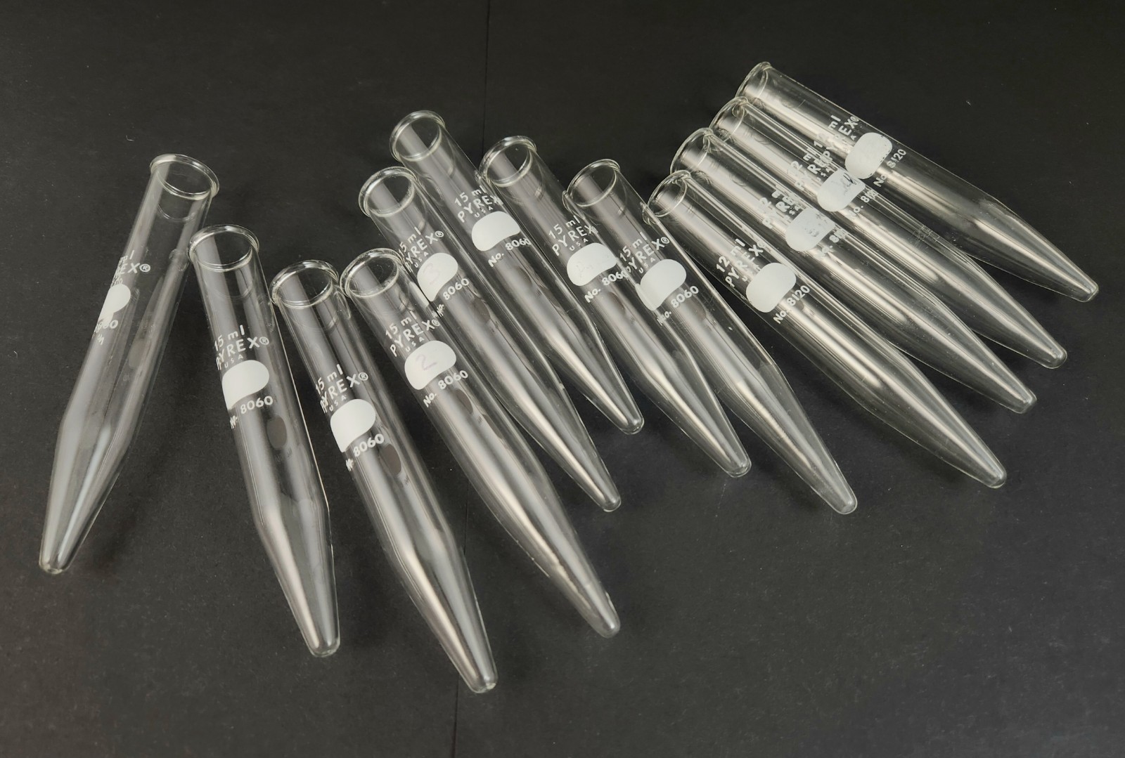 Lot of 12 Pyrex Conical glass Centrifuge Tubes #8060 #8120 15ml 12ml beaded rim