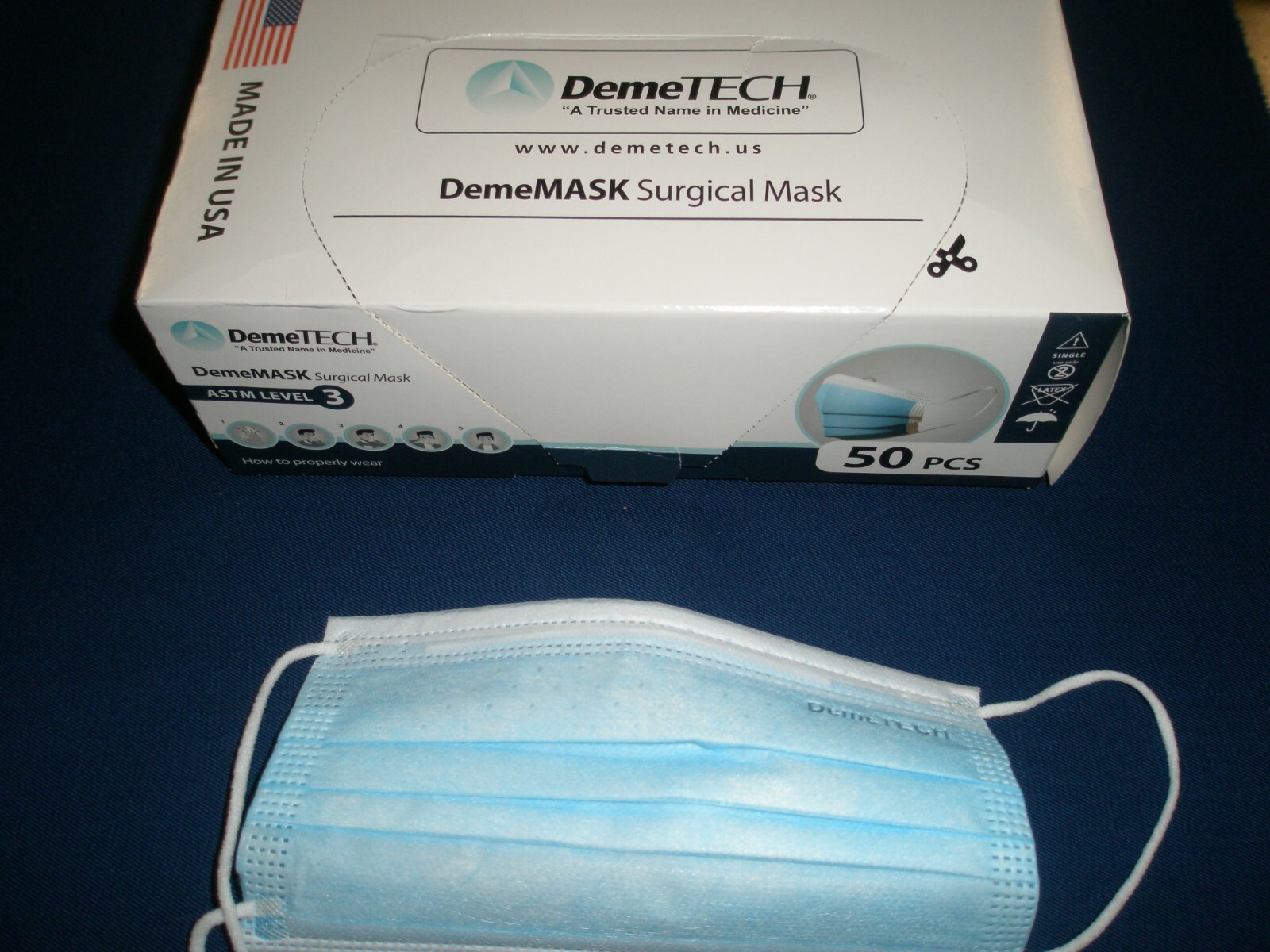DEMETECH SURGICAL MASK ASTM LEVEL 3 – CASE OF 50 BOXES -50 PER BOX -2500 MASKS