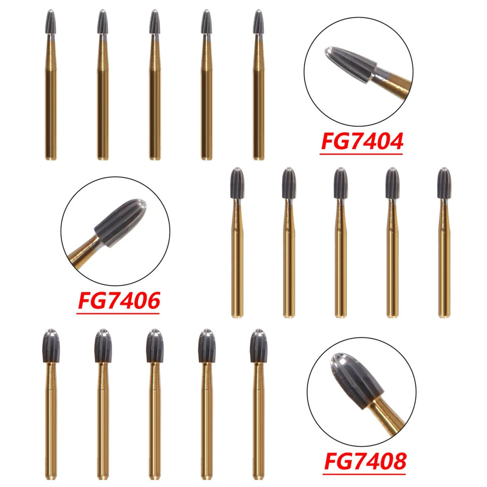 10PCS Gold Burs Trimming & Finishing Tungsten Carbide FG 7404/7406/7408 Dental